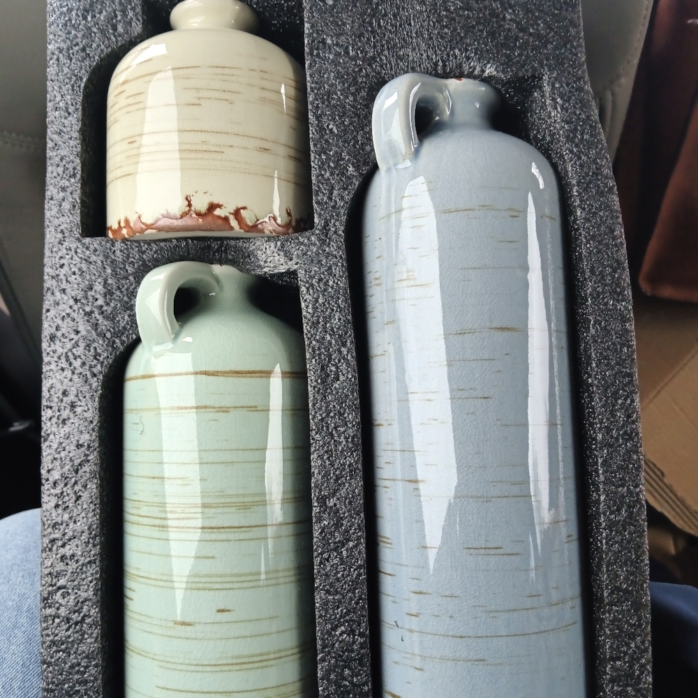 Set Of 3 Ceramic Vase Trio in Blue, Gray, and Cream